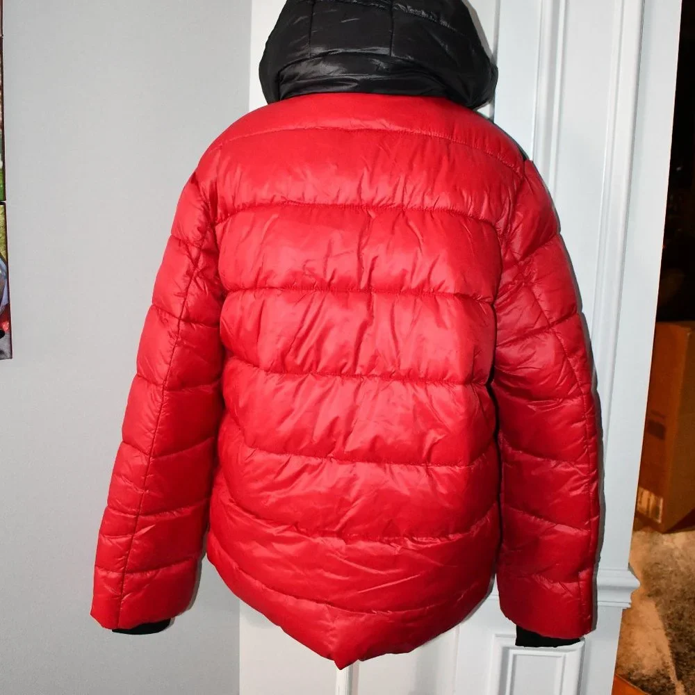 Point Zero Color Block Matte Shine Puffer Jacket in RED Size: LARGE #7958037DL_6